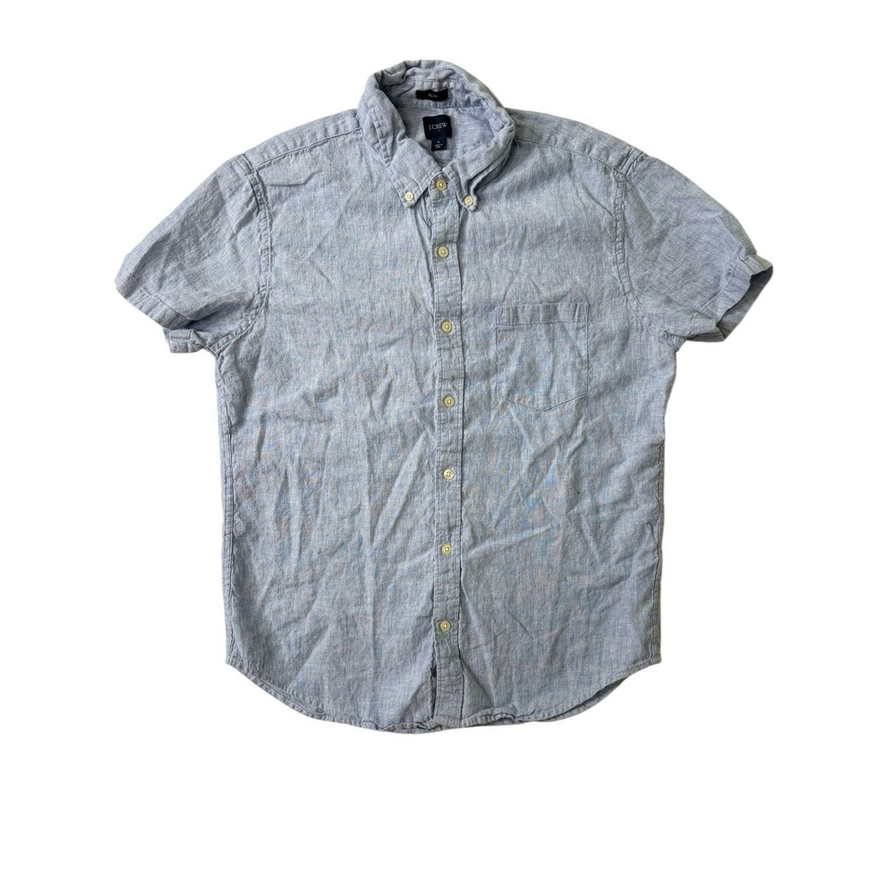 J Crew Mens Shirt Short Sleeve Button Down Blue Baird McNutt Linen Cotton Slim L